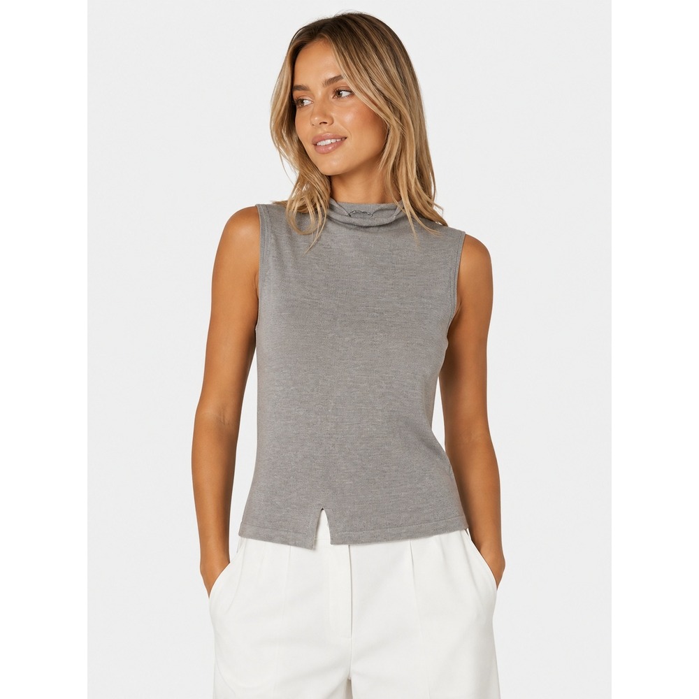 H.A.N.D. Apparel Made in Italy Linen Taupe Knit Sleeveless Mock Neck Top Slit S